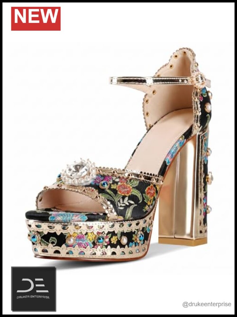 Women Rhinestone Ankle Strap Chunky Block Heels Sandals Party Prom Wedding Shoes